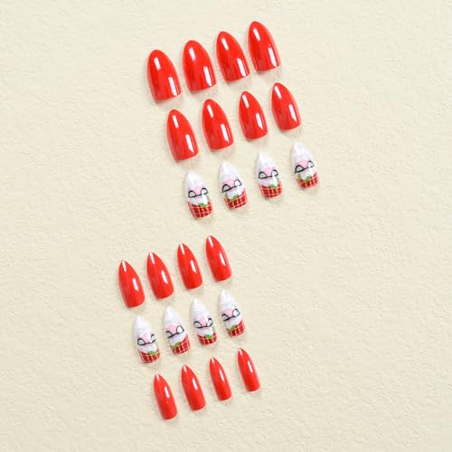 Christmas Press On Almond False Nails Red Glossy Winter Holly Designs