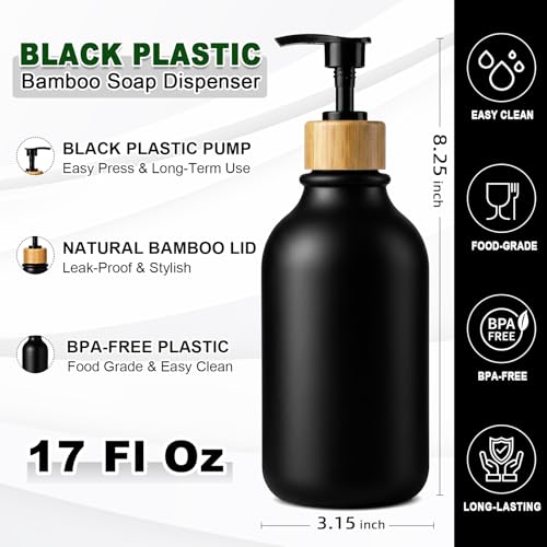 KASUNTING 17 Fl Oz Black Hand Soap Dispenser Set with Bamboo Pump