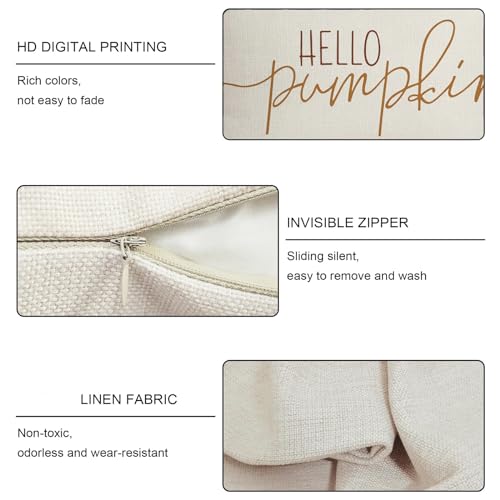 Hello Pumpkin Fall Lumbar Pillow Cover 12x20 Linen Autumn Decor