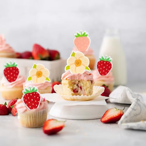 60Pcs Edible Strawberry Cupcake Toppers - Wafer Paper Cake Decorations