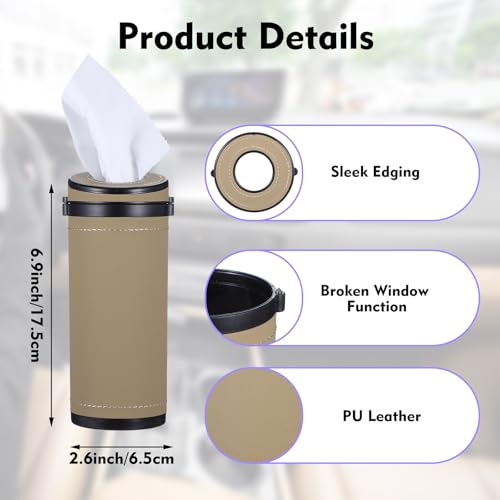 Car Tissue Holder - Premium PU Leather Cylinder Box with Window Breaker - Beige & Black