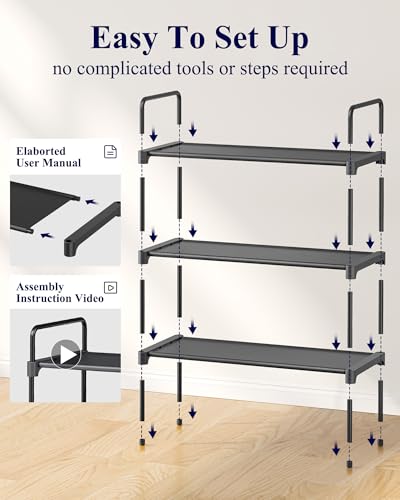 Kitsure 3-Tier Shoe Rack for Closet, 27.6" Wide, Black