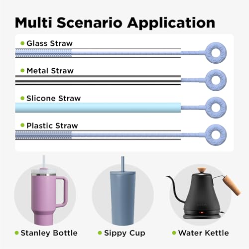 Blue Silicone Straw Cleaner Brush Set - 2 Pcs with 6mm & 9mm Heads, Food-Grade