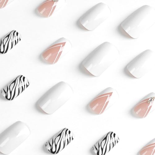 ANDGING White French Tip Press on Nails with Black Leopard Lines