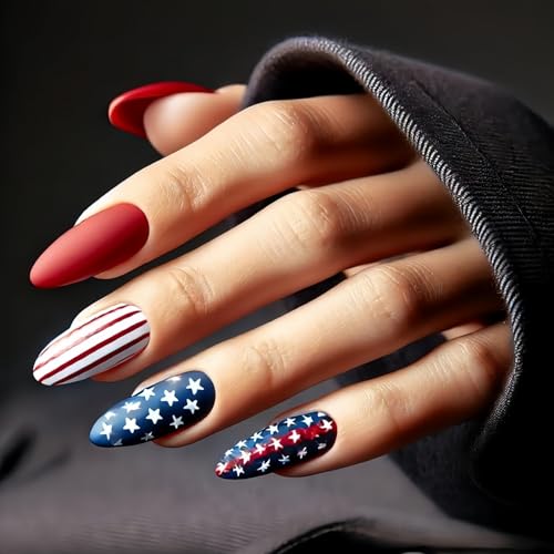 Independence Day Press on Nails Medium Almond Stars Stripes Acrylic