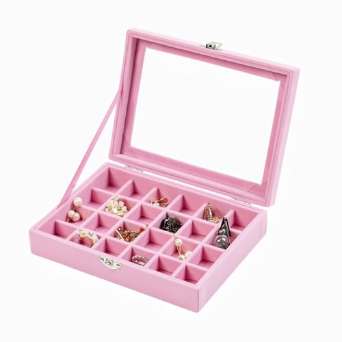 WINDAWNKE 24-Grid Jewelry Organizer Box, Pink Velvet Ring Display Tray