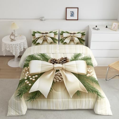 Beige Green Twin Comforter Set with Pinecone Leaves Pattern - Kids Bedding