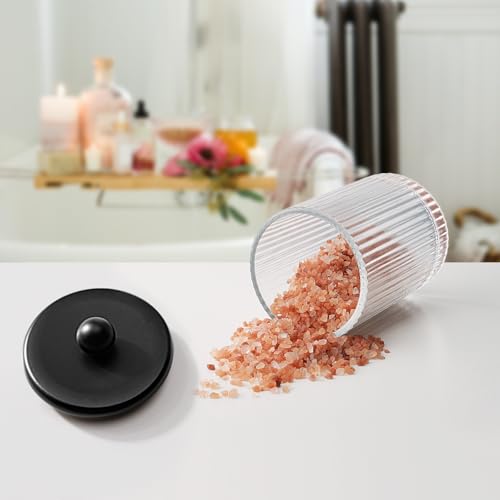 SheeChung 8.5oz Ribbed Glass Qtip Holder with Black Lid - Bathroom Jar