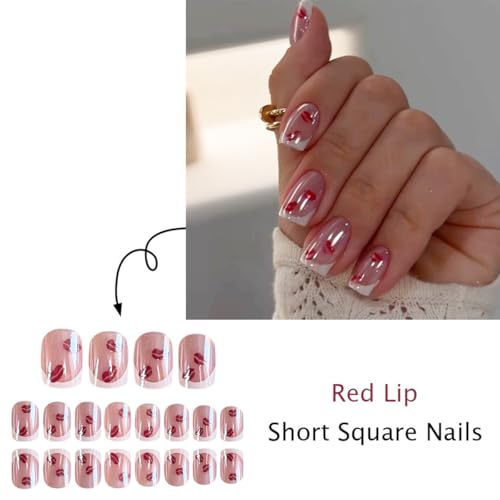 Valentine Press on Nails Short Square Chrome False Nails with Red Lip Design