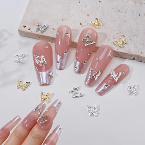 WOKOTO 200pcs Gold and Silver Hollow Butterfly Nail Charms 3D Alloy Studs