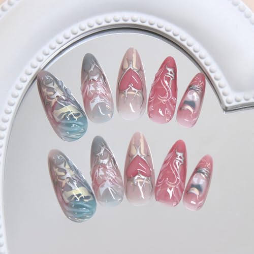 Pink Heart Press on Nails Medium Valentines Fake Nails with 3D Butterfly
