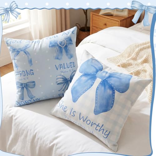 Christian Pillow Covers 18x18 - Blue Bow Bible Verse Decor