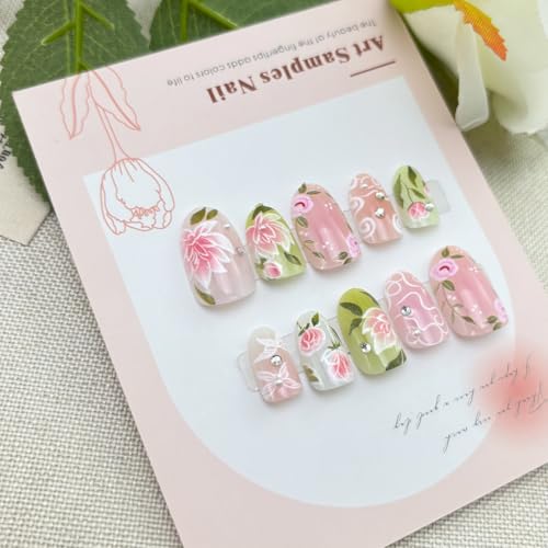 GUAACCB Pink Floral Press On Nails Short Spring Butterfly Fake Nails