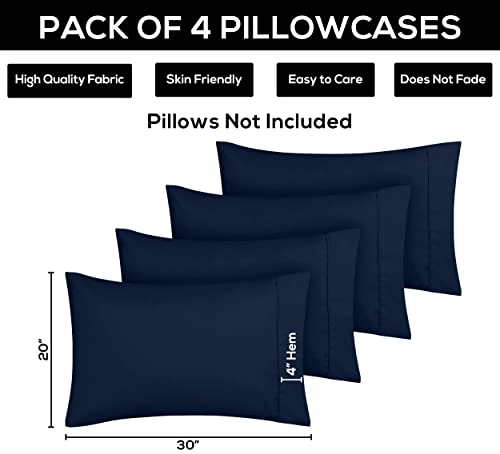 Queen Size Pillow Cases Set of 4 - Ultra Soft Navy Pillow Covers