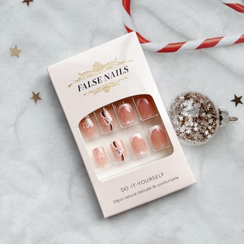 White French Tip Press on Nails Short Square False Nails with Hearts