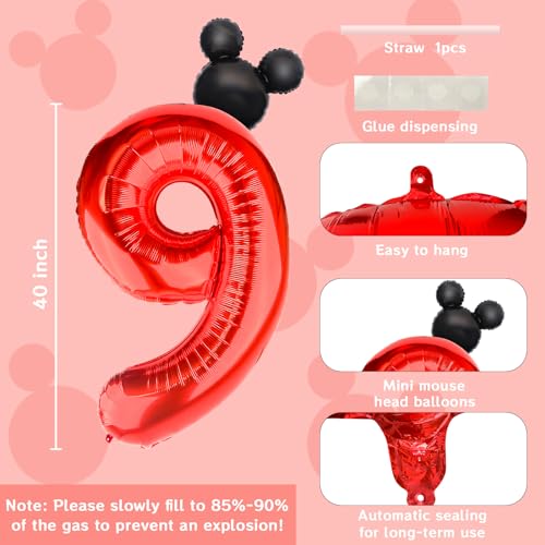 40 Inch Red Number 9 Balloon with Mini Mouse Head for Birthday Decor