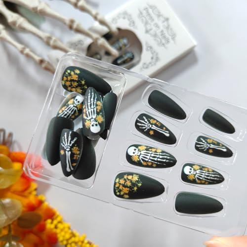 GCSQW Medium Almond Halloween Press on Nails Black Matte Skeleton Fake Nails