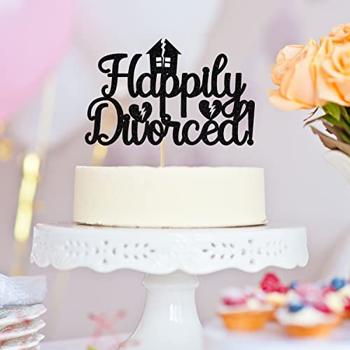 Happily Divorced Cake Topper - Black Glitter Divorce Party Decoration