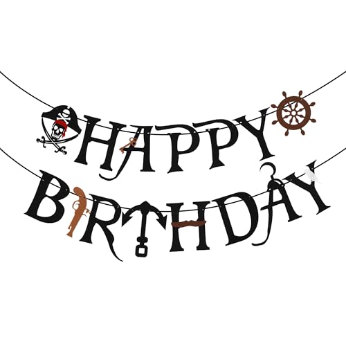 Black Felt Pirate Happy Birthday Banner - Reusable Party Bunting Decor