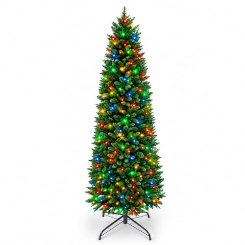6 ft Pre-Lit Artificial Christmas Tree with Multicolor LED Lights - Green & Multicolor / Slim Profile