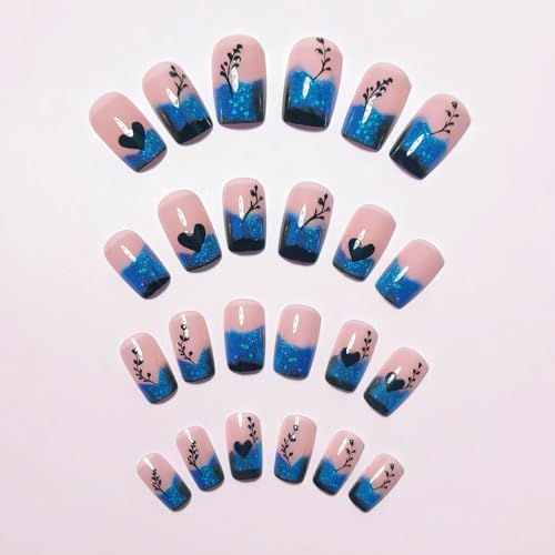 LYLYNB Blue Gradient French Tip Press on Nails Glossy Square Fake Nails with Heart Leaf Pattern