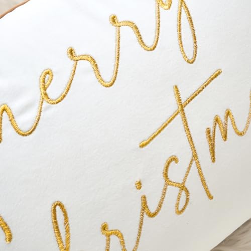 ONWAY Merry Christmas Embroidered Pillow Cover 12x20 White Gold Holiday Decor