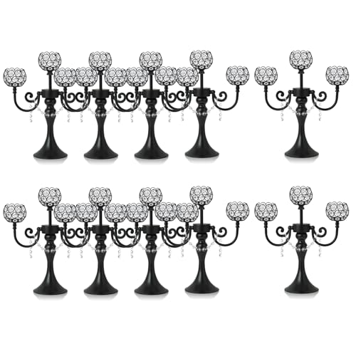 Black 3-Arm Metal Candelabra with Crystal Bowls - Elegant Table Centerpiece