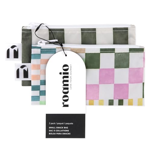 Bumkins Reusable Snack Bags for Kids & Adults - Green Stripe & Multi Check - 2-Pack