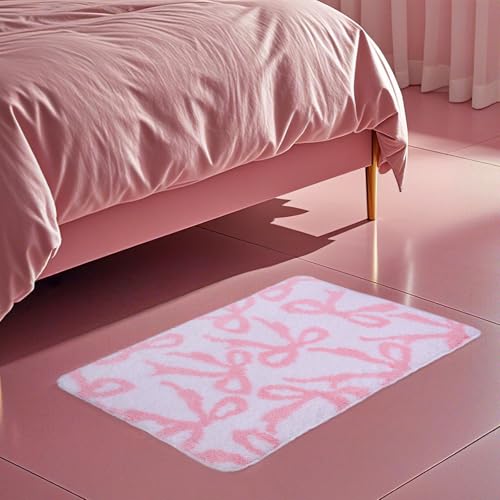 Pink Bow Bath Mat - Non-Slip, Absorbent & Washable Rug for Bathroom, Kitchen & Bedroom (20 x 32 inches)
