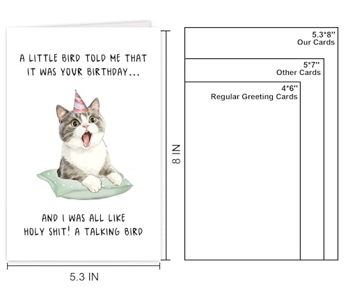Cute Cat Birthday Card for All Ages - Blank Inside, 8x5.3in