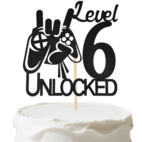 Level 6 Unlocked Cake Topper | Black Glitter Video Game Decor