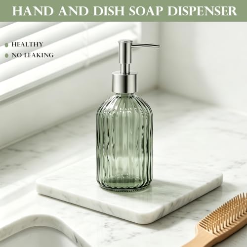 Green Striped Glass Soap Dispenser, 12oz Refillable Bottle with Silver Pump
