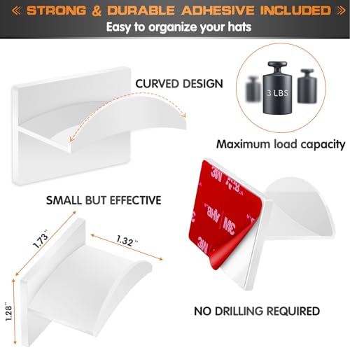 Adhesive Hat Hooks for Wall - 12 PCS White Minimalist Baseball Cap Rack