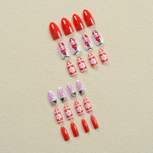 Christmas Press On Almond False Nails Glossy Acrylic Winter Fake Nails
