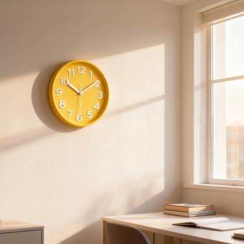8-Inch Yellow Modern Wall Clock – Silent, 3D Large Numbers, Desk & Wall Use