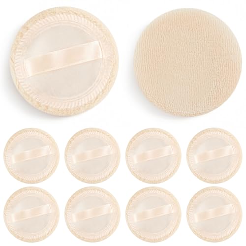 AUEAR Washable Pure Cotton Powder Puffs 10 Pack Beige 2.36 Inch