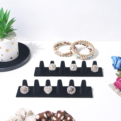 Black Velvet 6-Finger Ring Display Stand - Set of 2 Jewelry Holders