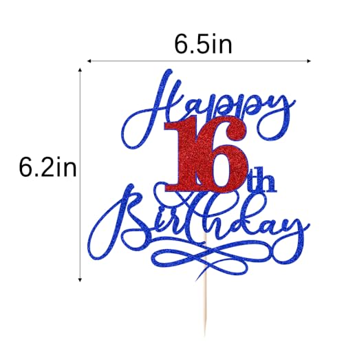 16th Birthday Cake Topper - Deep Blue & Red Glitter Design