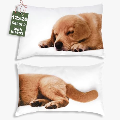 LUISOF Dog Lumbar Throw Pillows 12x20 - Set of 2 Cute Plush Decorative Cushions