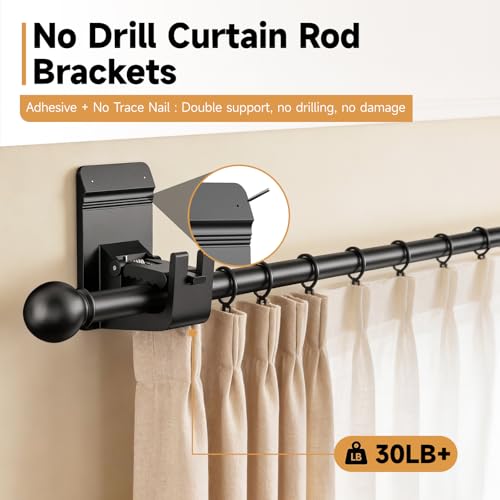 CTBOM No Drill Curtain Rod Brackets - 2Pcs Black, 30LB Capacity