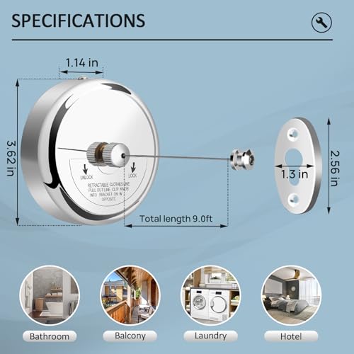 Clatoon Retractable Clothesline - 9ft Adjustable Stainless Steel