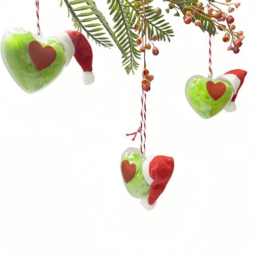 Christmas Lime Green Furry Heart Ornaments Set - Plush Xmas Tree Decorations, 6cm & 8cm, 8pcs with Strings