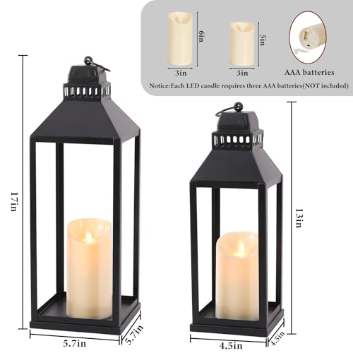 Black Decorative Lanterns Indoor Outdoor Set of 2 - 17 and 13 Inches with Candles - Square Top