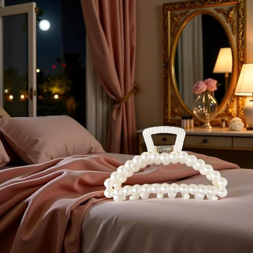 Cauaoa Large White Faux Pearl Hair Claw Clips for Thick Hair 2Pcs