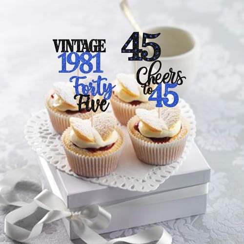 45th Birthday Cupcake Toppers Vintage 1981 Blue Party Picks 24 Pcs