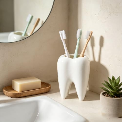 Ceramic Tooth-Shaped Toothbrush Holder and Succulent Planter