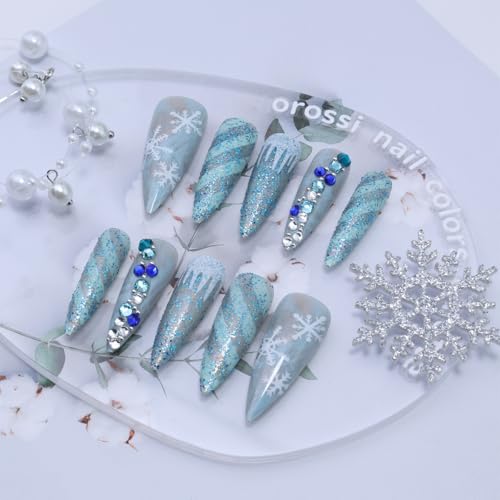 Christmas Press on Nails Long Almond False Nails with Rhinestones & Glitter