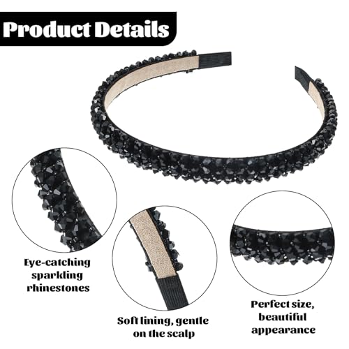 Bremorou Black Rhinestone & Pearl Headband, 4-Row Thin Beaded Hairband for Women