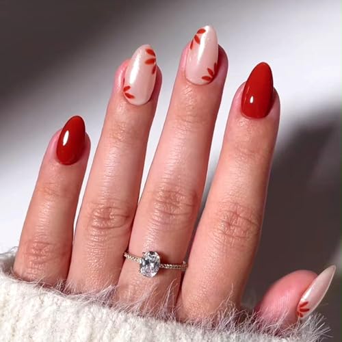 MIXFOSAHN Short Almond Press on Nails Red White Floral False Nails 30 Pcs