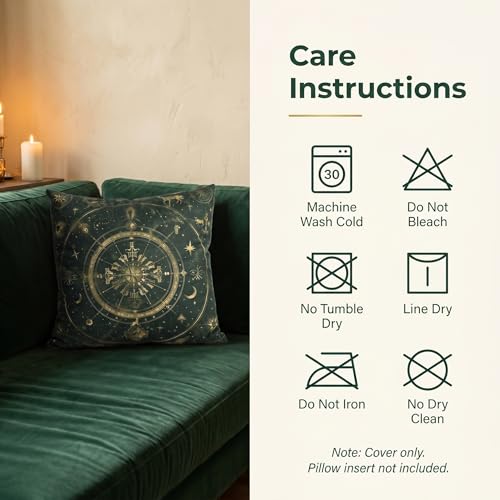 Dark Green Celestial Velvet Pillow Cover 18x18, Boho Sun Moon Astrology Print